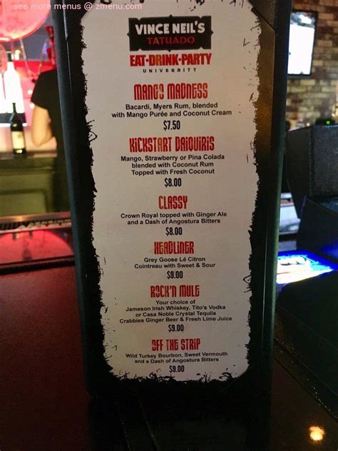 Vince neil's tatuado eat drink party university menu Football is in full swing! Come on down for $3 beers and happy hour starting at 4!See more of Vince Neil's Tatuado Eat Drink Party on Facebook